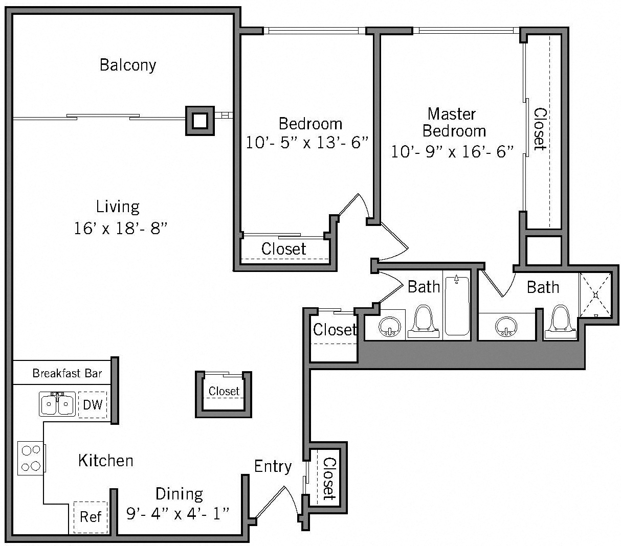 Floor plan for 2 beds, 2 baths, 1144 sqft